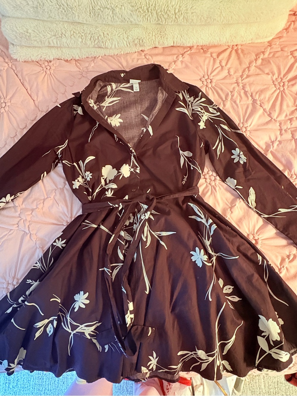 a new day Dark Brown Maroon Floral Wrap Dress with Cream Print